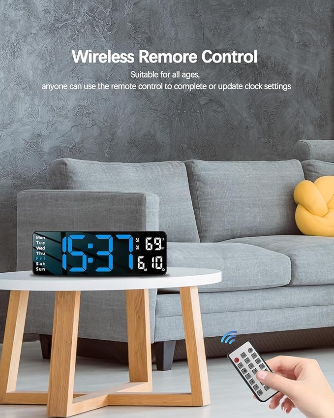 JoFomp Digital Wall Clock - 13" Large LED Display, Loud Alarm, Remote Control, DST, Auto-Dimming, Date and Day, Timer, Temperature - 12/24H Format - Ideal for Living Room, Bedroom, Kitchen
