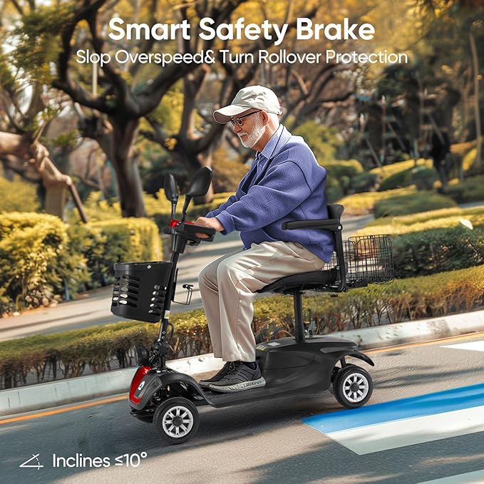 Compact 4 Wheel Mobility Scooter with Display, Foldable Electric Scooter for Seniors and Adults, Heavy Duty Travel Model with Lights, Basket, and Long-Lasting Extended (Black + Red)