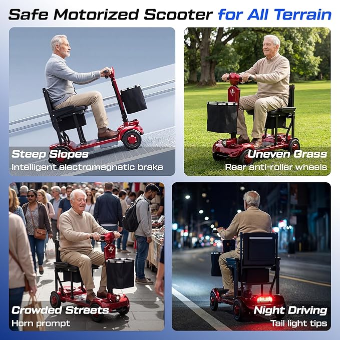 Lightweight Mobility Scooter for Seniors & Adults Cruise Travel, 4 Wheel Mobility Scooter- 37lb Foldable Portable Motorized Scooters with Removable Lithium Battery & Basket for 15Miles Travel, Red