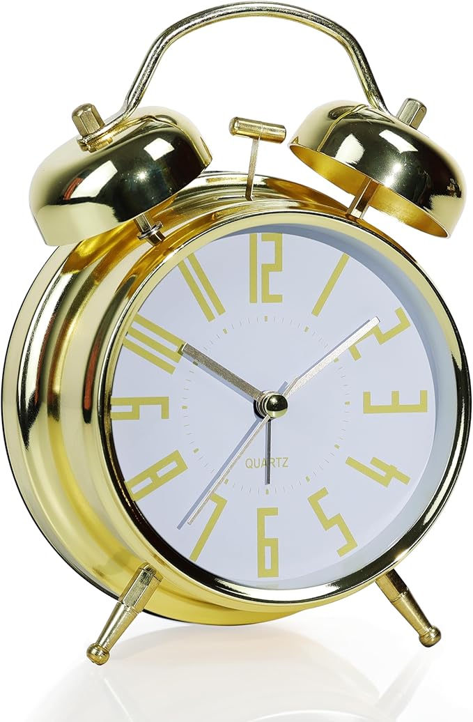 AYRELY Super Loud Alarm Clock for Heavy Sleepers Adults,Twin Bell Retro 4 Inch Silent Non-Ticking Quartz with Backlight, Metal dial, Alarm Clocks for Bedrooms Bedside (Gold-White)