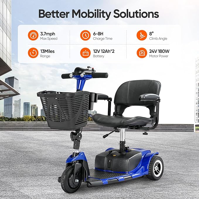 3 Wheel Mobility Scooters for Adults，Collapsible Electric Powered Wheelchair，Portable Compact Motorized Scooter for Travel，Long Range Power，Battery with Charger，Basket and Cup Holder (Blue)