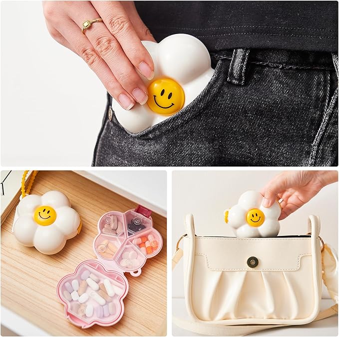 2 Pack Small Pill Organizer Travel Pill Case for Purse, 6 Compartment Pill Box with Stickers, Floral Smiley Weekly & Daily Vitamin Medication Organizer(Hot Pink)