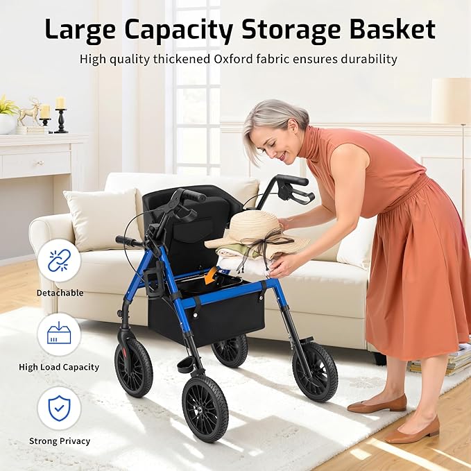 2 in 1 Rollator Walker for Seniors with Seat, Walker Wheelchair Combo, Transport-Wheelchair-Lightweight-Foldable with Adjustable Seat and Handle, 300 Lb. Weight Capacity, Blue