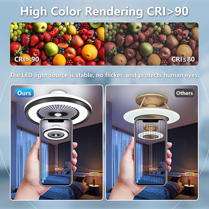 24" Bladeless Ceiling Fans with Lights and Remote/APP/Voice Control, Low Profile Ceiling Fan with RGB Lights, Smart Flush Mount Ceiling for 6 Speeds Timing Reversible