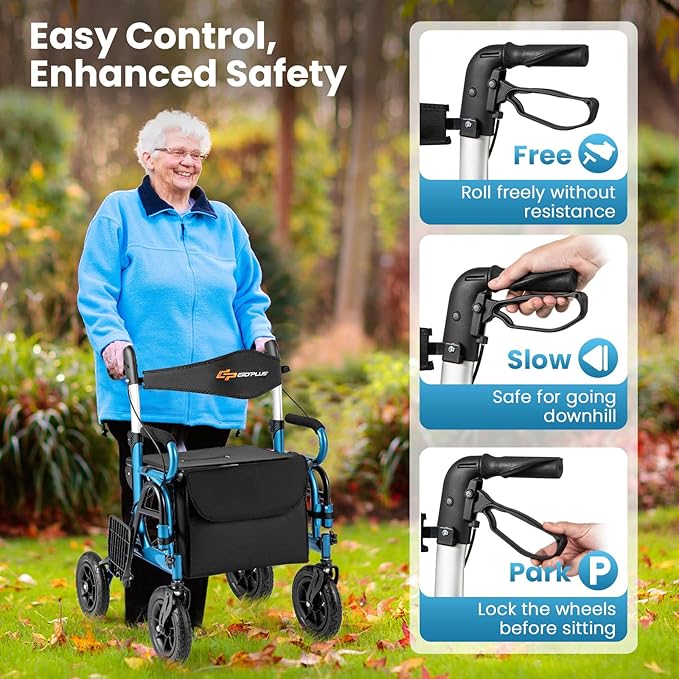Goplus Walkers for Seniors with Seat, 2 in 1 Folding Rolling Rollator Walker & Wheelchair Combo with Brakes, 9" Pneumatic Tires for All Terrain, Aluminum Adult Mobility Walking Aid