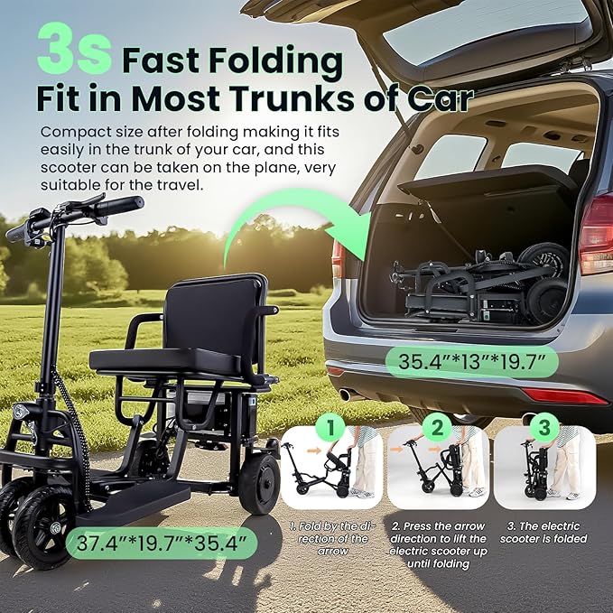 2026 New Folding Mobility Scooters for Adults, 9.32mph 4 Wheel Ultra Lightweight Travel Mobility Scooters, Foldable Portable Power Scooters for Seniors, with Basket & Cup Holde, Dust Cover