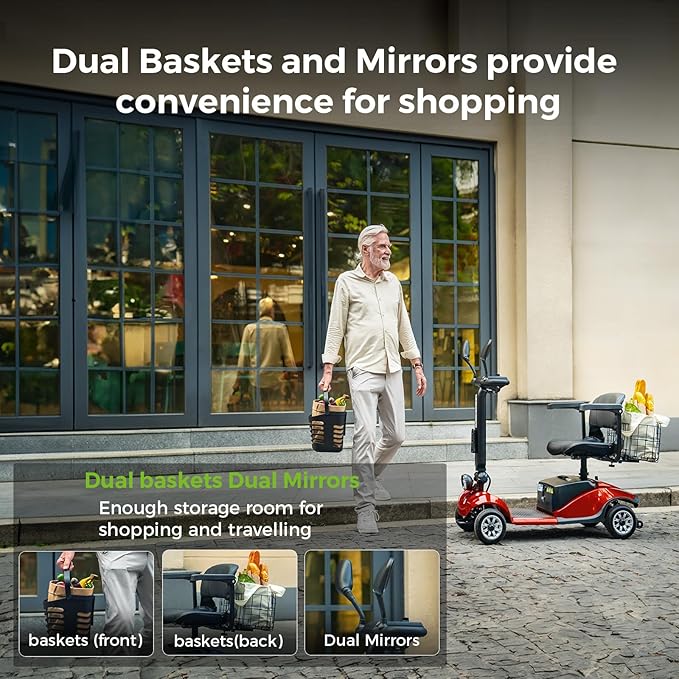 Paiseec Mobility Scooters for Seniors & Adults, Powered Mobility Scooters, 4 Wheel Foldable Mobility Scooter, All Terrain, LED Headlight & Dual Baskets for Outdoor, 350 lb Capacity, FDA Cleared (Red)
