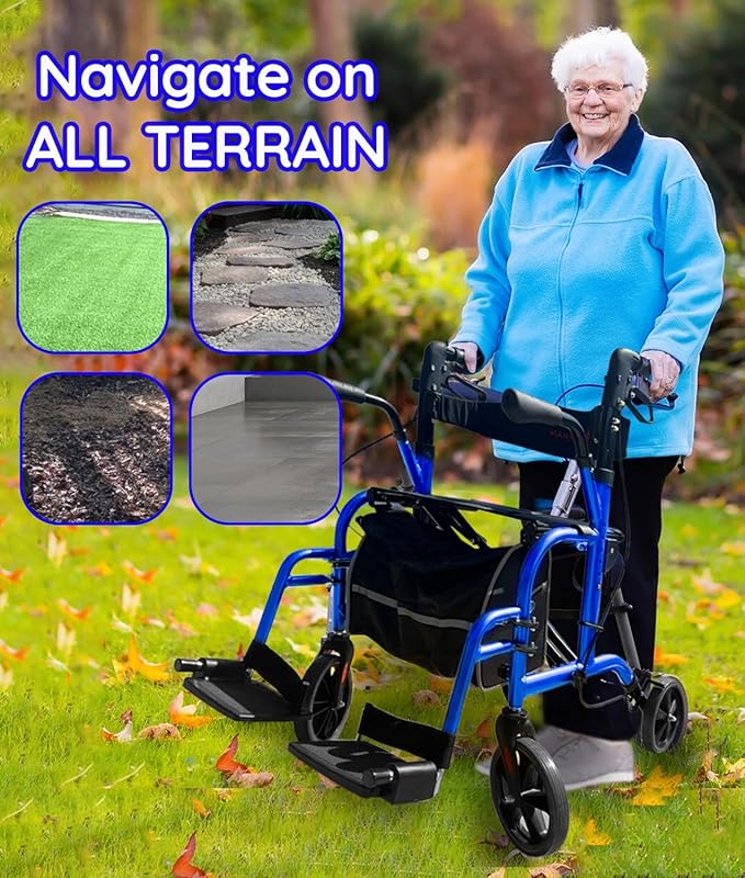 2 in 1 All Terrain Compact Travel Rolling Walker with Ergonomic Seat & Brakes - Lightweight Foldable Rollator for Seniors & Adults - Adjustable Height & Detachable Footrest Included (Blue)