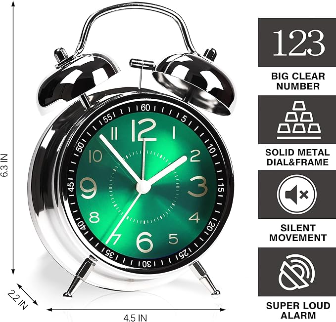 AYRELY Super Loud Alarm Clock for Heavy Sleepers Adults,Twin Bell Retro 4 Inch Silent Non-Ticking Quartz with Backlight, Metal dial, Alarm Clocks for Bedrooms Bedside (Green)