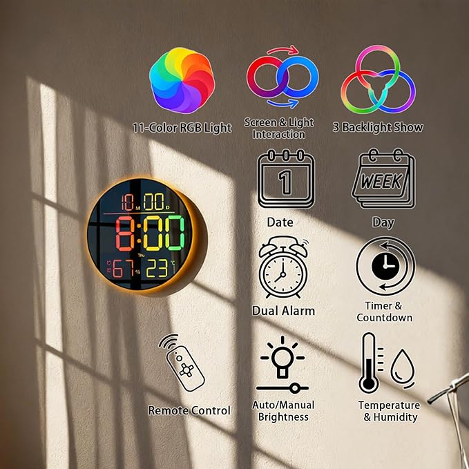 10-Inch RGB LED Digital Wall Clock with Temperature, Humidity, and Date Display｜Dual Alarms, Countdown Timer, 11 Backlight Colors, Auto Brightness, Silent Operation｜Modern Decor for Home&Office