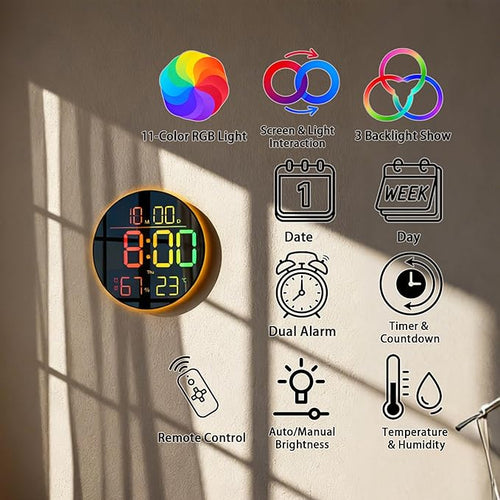 10-Inch RGB LED Digital Wall Clock with Temperature, Humidity, and Date Display｜Dual Alarms, Countdown Timer, 11 Backlight Colors, Auto Brightness, Silent Operation｜Modern Decor for Home&Office