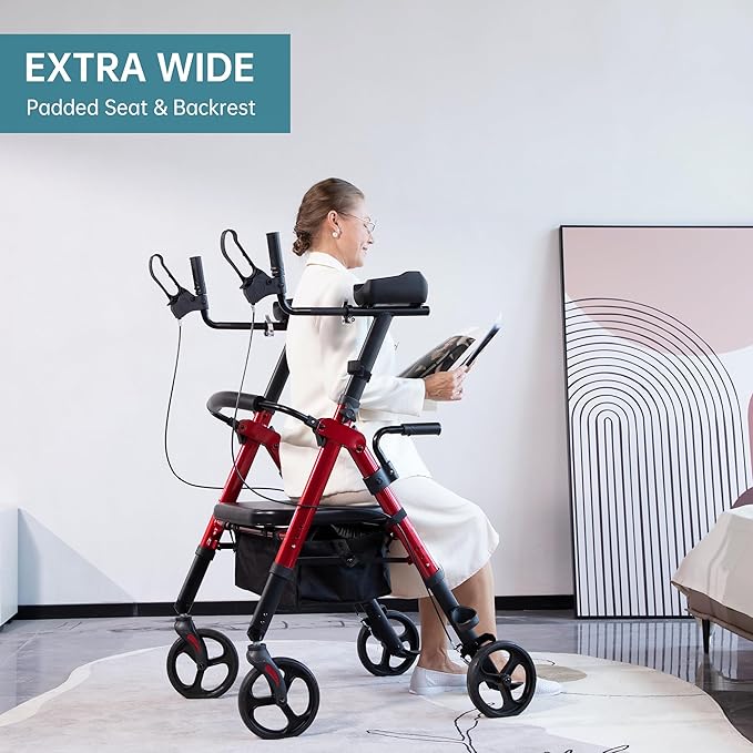 ELENKER Heavy Duty Upright Rollator Walker with Extra Wide Padded Seat and Backrest, Bariatric Stand Up Rolling Walker, Fully Adjustment Frame for Seniors, Red