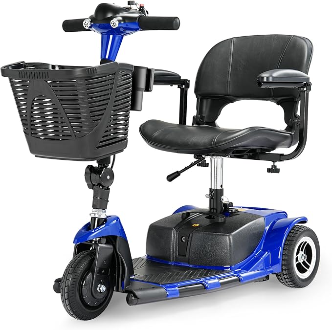 3 Wheel Mobility Scooters for Adults，Collapsible Electric Powered Wheelchair，Portable Compact Motorized Scooter for Travel，Long Range Power，Battery with Charger，Basket and Cup Holder (Blue)