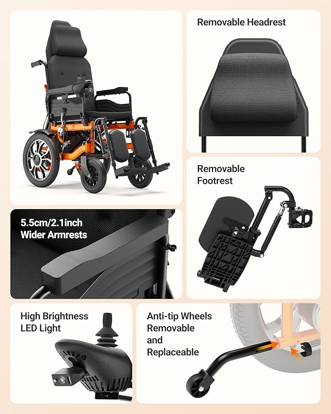 Electric Wheelchairs for Adults, Reclining Electric Wheelchair, 90°-160° Adjustable Backrest, 16" Alloy Wheels, Ergonomic Portable Mobility Scooter with USB Charging & Detachable Footrest