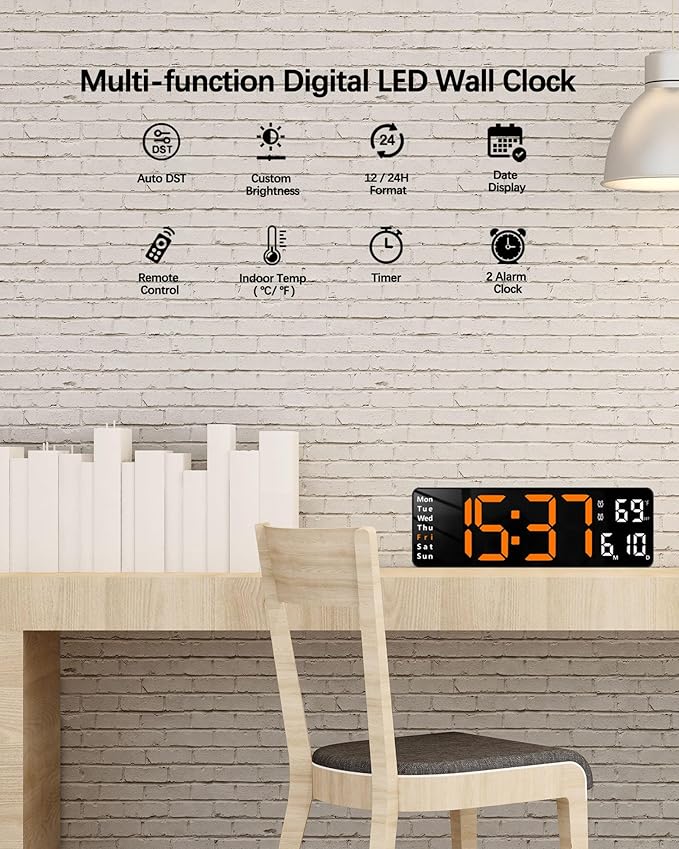 JoFomp Digital Wall Clock - 13" Large LED Display, Loud Alarm, Remote Control, DST, Auto-Dimming, Date and Day, Timer, Temperature - 12/24H Format - Ideal for Living Room, Bedroom, Kitchen