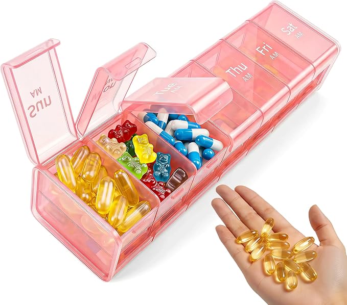 Betife Extra Large Pill Organizer 2 Times a Day, XXL Pill Box 7 Day with AM PM Large Compartments, Daily Medicine Case, Jumbo Weekly Pill Holder for Fish Oils, Vitamins & Supplements（Pink）