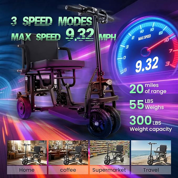 2026 New Folding Mobility Scooters for Adults, 9.32mph 4 Wheel Ultra Lightweight Travel Mobility Scooters, Foldable Portable Power Scooters for Seniors, with Basket & Cup Holde, Dust Cover