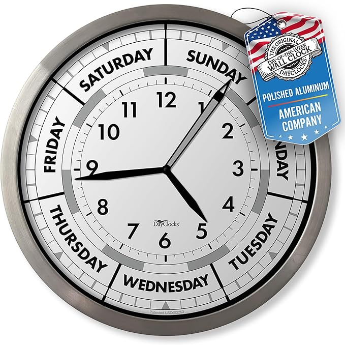 Time & Day of The Week Wall Clock with 12” Modern Aluminum Frame – – Ideal Retirement Gift for Men and Women, Day Clock for Seniors and Retirees