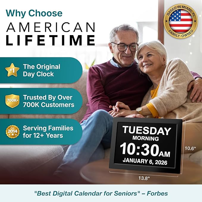 American Lifetime Dementia Clock - Large Digital Clock for Seniors, Custom Alarms, Day & Date Display, Black, 15 Inches