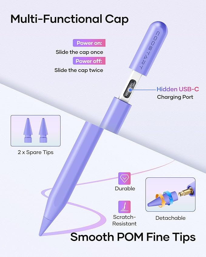Stylus Pen for iPad 9th&10th Generation, 5 Mins Ultra Fast Charging Active Pencil Compatible with 2018-2023 Apple iPad Air 3/4/5, iPad 6/7/8/9/10, iPad mini 5/6, iPad Pro 11"/12.9", Purple