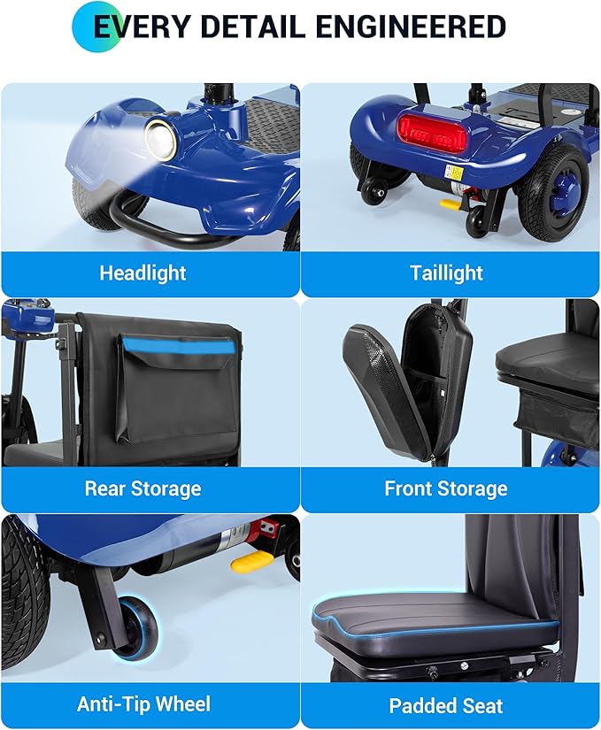 GoldSeason Airline & Cruise Approved Lightweight Mobility Scooter, Portable Foldable Electric Scooter for Seniors/Adults/Elderly/Handicap, 330 lbs Capacity, Compact Travel Scooter with Seat, Blue