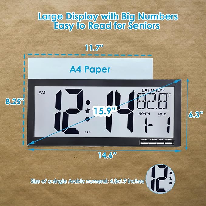 16 Inch Large Digital Wall Clock with Big Easy Read Numbers, Auto DST & Temperature, Jumbo Display with Date & Weekday, Simple Set, Battery Operated, for Living Room Office Classroom Gym or Seniors
