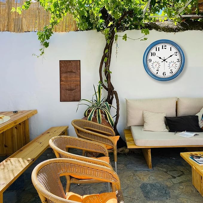 JENLYSTIME 16 Inch Blue Vintage Waterproof Indoor/Outdoor wall Clock with Thermometer & Hygrometer, Large Numerals & Silent Sweep Movement - Ideal for Porch, Garden, Pool, Bathroom