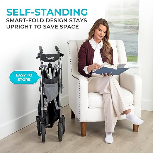 Stander Wonder Rollator Plus with 8-inch All-Terrain Wheels, Lightweight Folding Rolling Walker with Seat, Locking Brakes and Backrest, EZ Fold-N-Go-Rollator for Seniors and Adults, Black Walnut