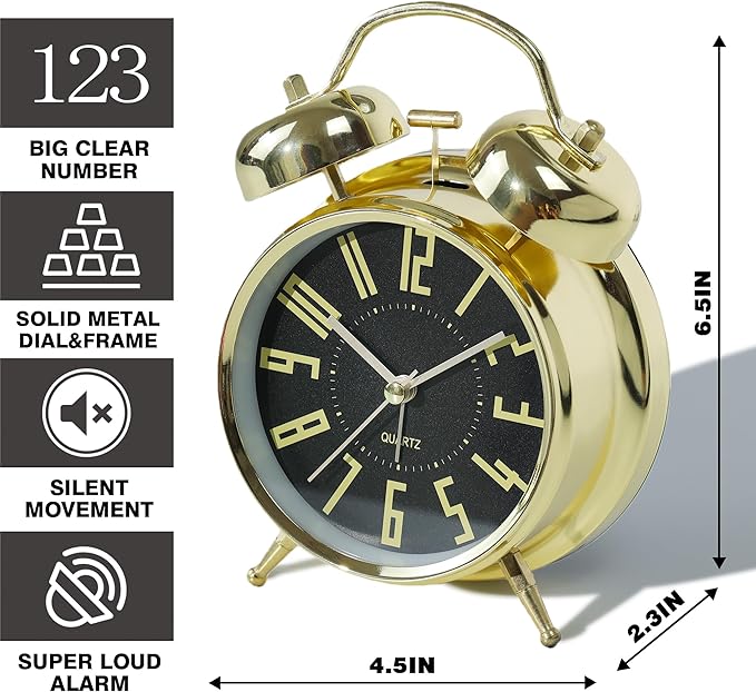 AYRELY Super Loud Alarm Clock for Heavy Sleepers Adults,Twin Bell Retro 4 Inch Silent Non-Ticking Quartz with Backlight, Metal dial, Alarm Clocks for Bedrooms Bedside(Gold- Black)