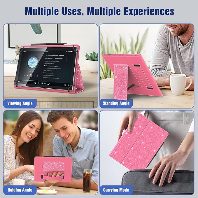 TiMOVO Universal Case for 10.1 Inch Android Tablet with Pen Loop, Lightweight Folding Stand Cover with Hand Strap for All 9.6"-11" Touchscreen Tablet, Glitter Watermelon Red