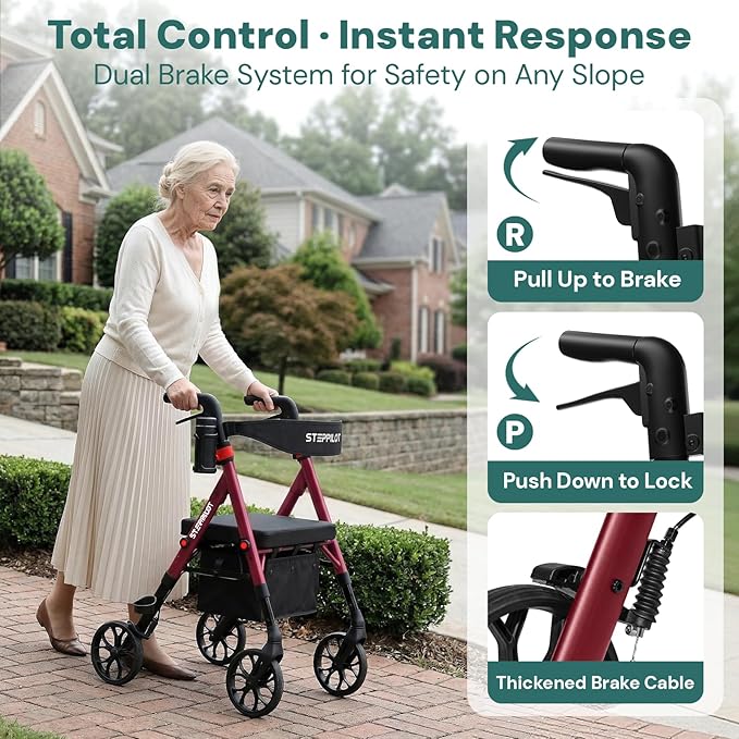 Bariatric Rollator Walker with Seat for Seniors, 500lb Capacity Aluminum Frame, Zero Wobble, 16lb Lightweight, 8" All Terrain Wheels, 10-Level Adjustable Handle/Seat, Cup Holder, Cane Clip