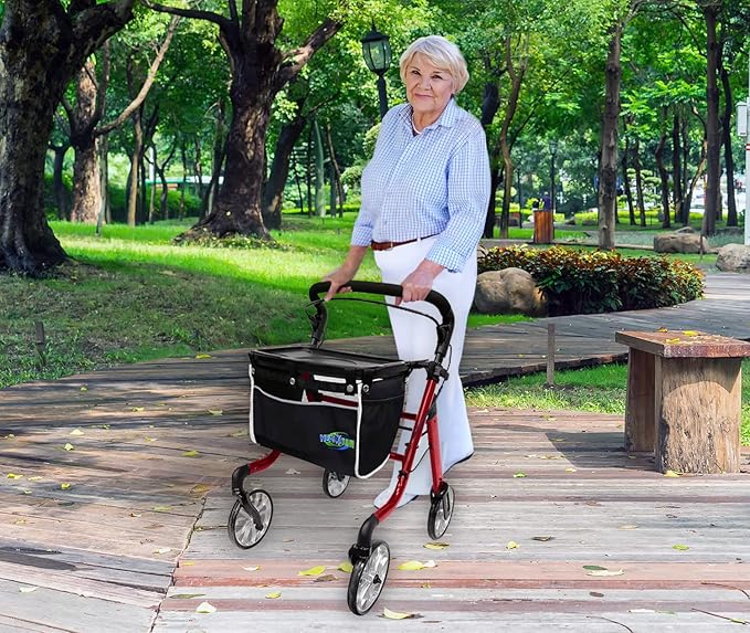 HEALTHLINE Rollator Walker for Seniors - Lightweight 4 Wheel Eldery Walker Heavy Duty - Rollator Walkers for Seniors with Basket & Tray - Narrow Doors Indoor Rollator Red Color