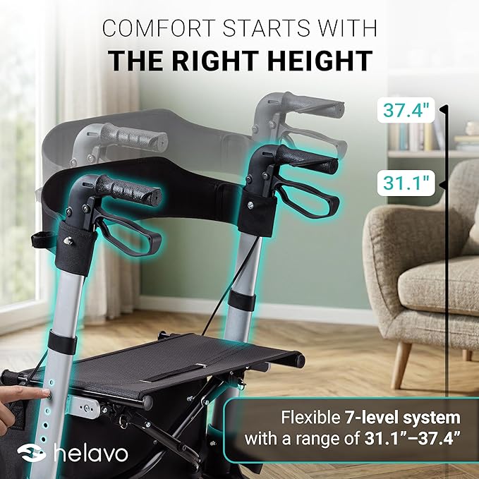 Helavo Foldable Rollator with Seat - Lightweight Aluminum Rolling Walker for Seniors and Adults