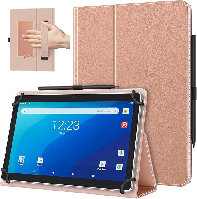 TiMOVO Universal Case for 10.1 Inch Android Tablet with Pen Loop, Lightweight Folding Stand Cover with Hand Strap for All 9.6"-11" Touchscreen Tablet, Rose Gold