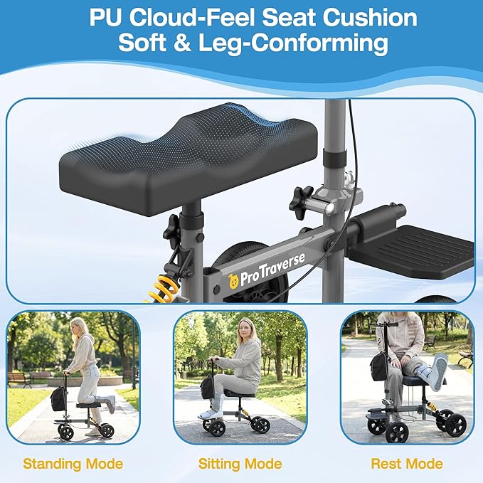 All Terrain Knee Scooter,Foldable & Steerable Knee Walker with Comfort Knee Pad, Dual Brakes,Crutch Alternative for Broken Foot & Ankle Recovery,Grey