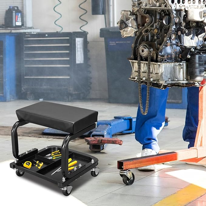 Torin ATR6300B Rolling Creeper Garage/Shop Seat: Padded Mechanic Stool with Tool Tray Storage, Black Large