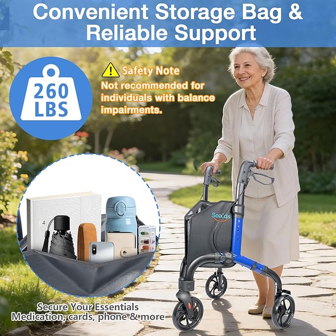 3 Wheel Walkers for Seniors with Bag and Hand Brakes, Lightweight Foldable Rollator with Swivel Front Wheel, Adjustable Height, Compact Mobility Aid for Elderly, Indoor Outdoor Use (Blue)