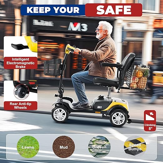 Metro Mobility 4 Wheel Powered Mobility Scooters, 300 lbs Capacity Mobility Scooters for Adults, Folding Mobility Scooter Lightweight, Electric Scooters for Seniors 10 Miles Range LED Light Yellow