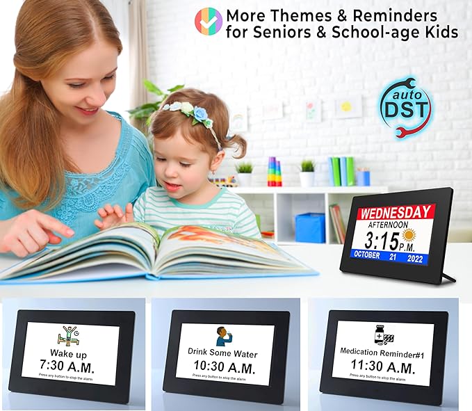 MASSII 7" Black +7" White Digital Clock with Auto DST and 20 Alarms Custom Reminders, Non-Abbreviated Calendar Day Date Clock for Seniors Dementia Alzheimers'