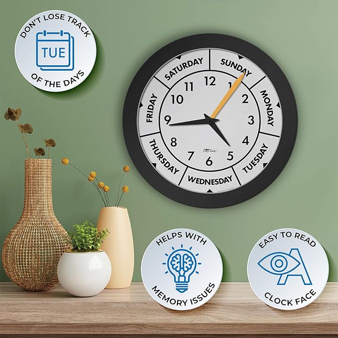 Time & Day of The Week Wall Clock with 12” Modern Black Frame – – Ideal Retirement Gift for Men and Women, Day Clock for Seniors and Retirees