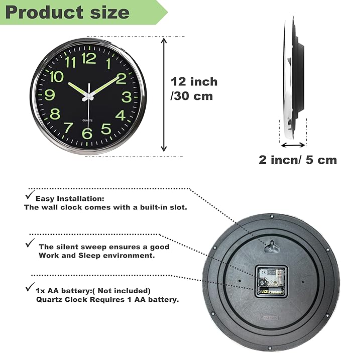 12 Inches Night Light Wall Clocks - with Silent Non-Ticking Glowing Function - Big Solid Numbers Easy to Read Both Day and Night (Black)