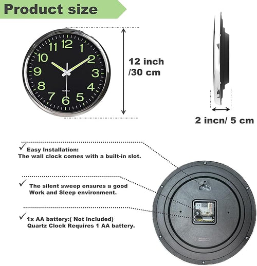12 Inches Night Light Wall Clocks - with Silent Non-Ticking Glowing Function - Big Solid Numbers Easy to Read Both Day and Night (Black)
