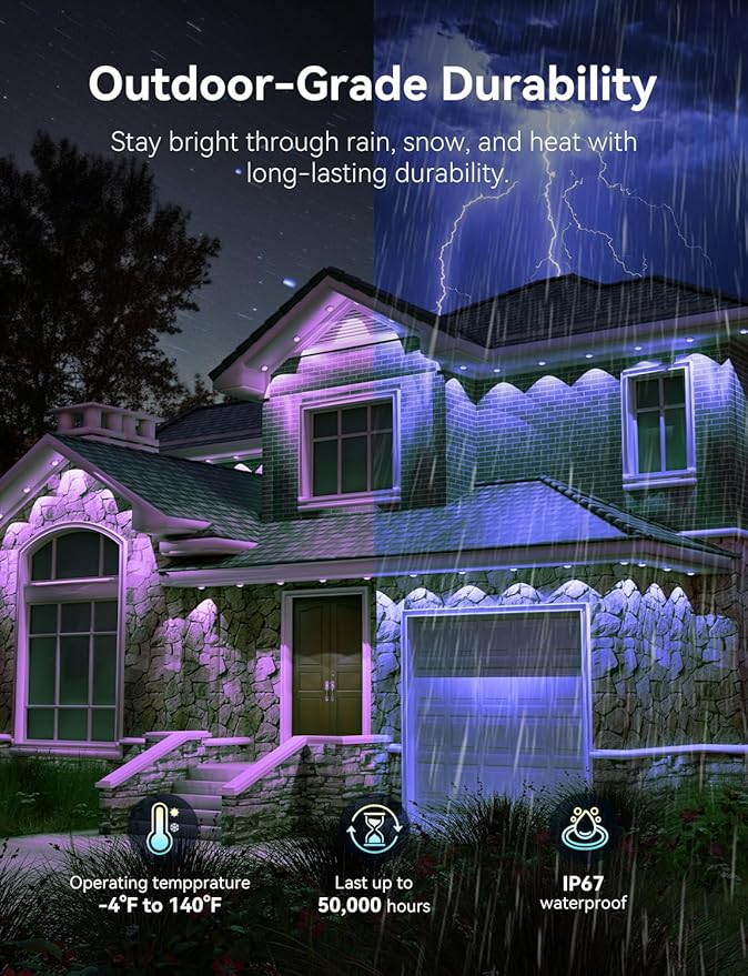 150FT Permanent Outdoor Lights for House, Smart RGB LED Eaves Lighting with APP & Remote Control, IP67 Waterproof Christmas Lights for Holidays, Parties & Year-Round Décor