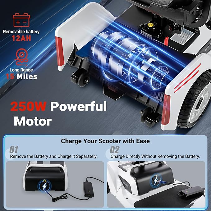 Foldable Mobility Scooter for Seniors & Adults - 4 Wheel Travel Scooter with NFC Smart Unlock, 15 Mile Range, 300 lbs Capacity, Compact Heavy Duty Mobile with Removable Battery & Basket, White