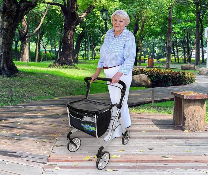 HEALTHLINE Rollator Walker for Seniors - Lightweight 4 Wheel Eldery Walker Heavy Duty - Rollator Walkers for Seniors with Basket & Tray - Narrow Doors Indoor Rollator White Color