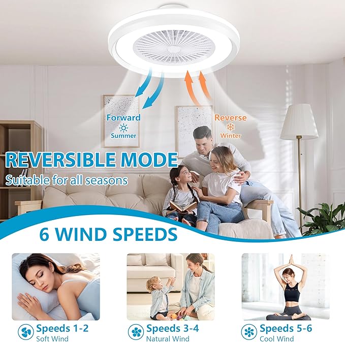 24" Bladeless Ceiling Fans with Lights and Remote/APP/Voice Control, Low Profile Ceiling Fan with RGB Lights, Smart Flush Mount Ceiling for 6 Speeds Timing Reversible