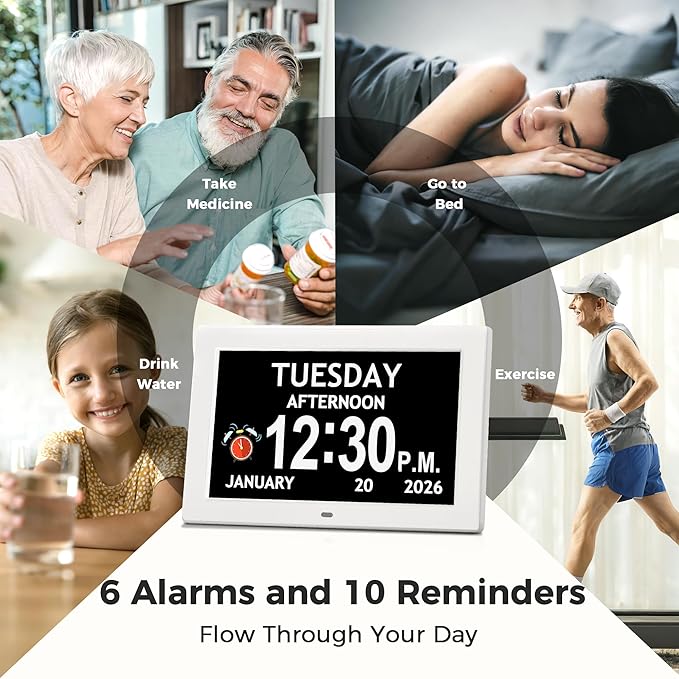 10.1'' Digital Clock With Date And Time, Dementia Clock, Large Display Alarm Clock For Seniors, 10Reminders, 6Alarms, Auto-Dimming, Auto DST, Remote Control, Gifts For People With Dementia, White