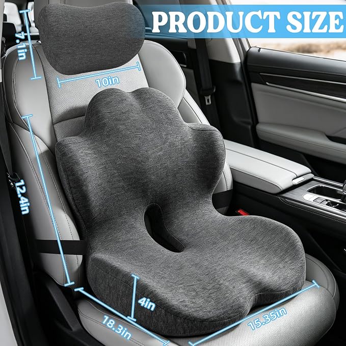 3-in-1 Memory Foam Seat Cushion & Headrest Pillow with Lumbar Support L-Shaped Ergonomic Driver Seat Cushions Design for Sciatica and Tailbone Pain Relief Comfort for Car, Truck,Office,Chair