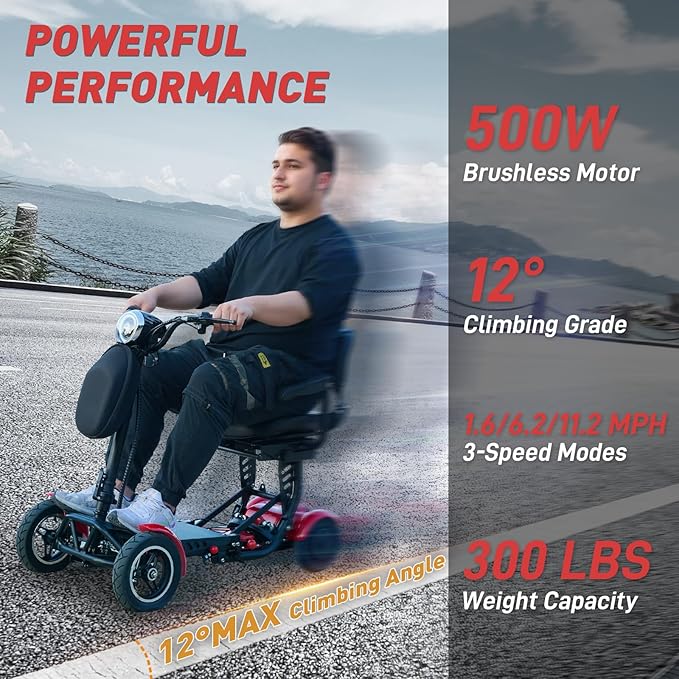 4-Wheel Foldable Electric Scooter All-Terrain Lightweight Folding Mobility Scooter for Adults & Seniors, 25Miles Long Range, 15.6AH Lithium Battery, 3-Speed Mode, Max Load 300lbs (Standard Red)