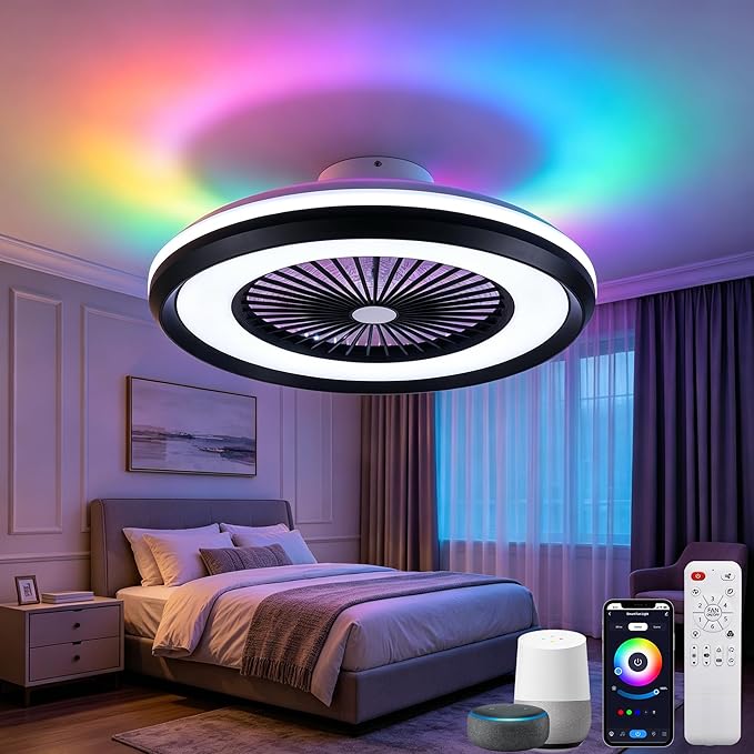 24" Bladeless Ceiling Fans with Lights and Remote/APP/Voice Control, Low Profile Ceiling Fan with RGB Lights, Smart Flush Mount Ceiling for 6 Speeds Timing Reversible